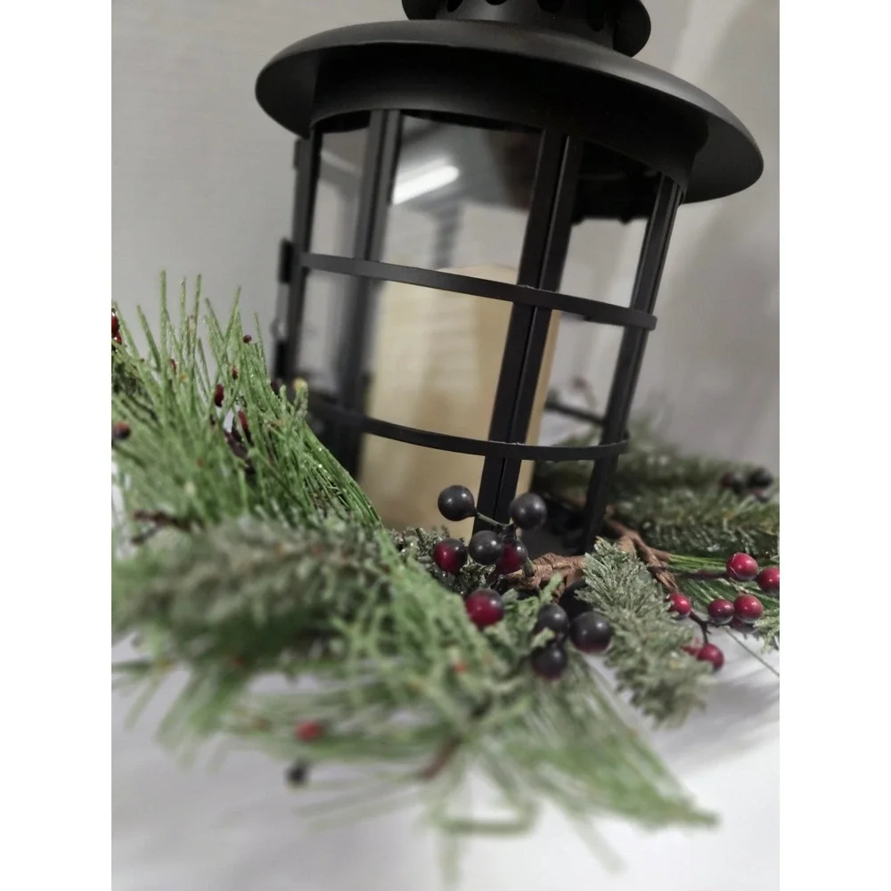 Black Metal Christmas Lantern LED Flameless Candle Evergreen Berry
